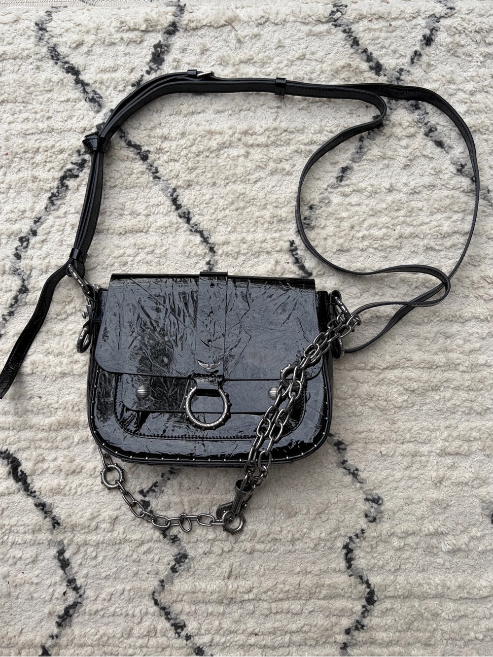 Zadig & Voltaire Black Patent Crossbody with Chain Ring Detail